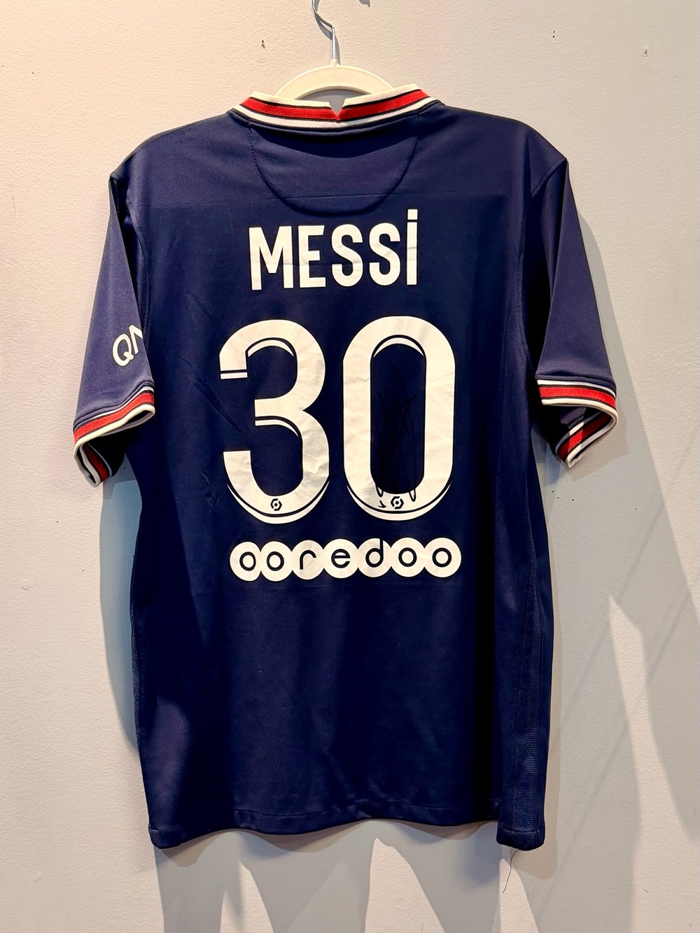Lionel Messi #30 Navy Soccer Jersey - Signed by Presnel Kimpembe